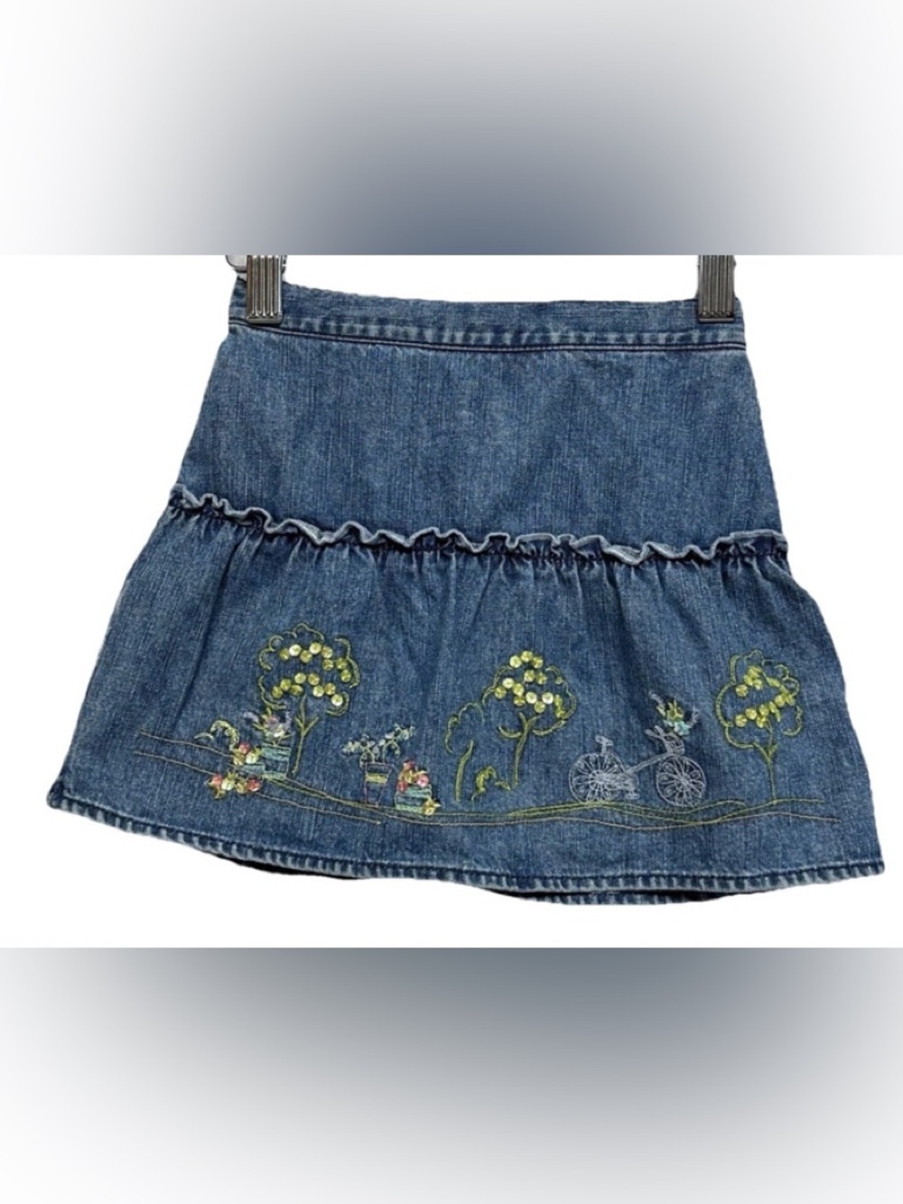 Gymboree Girls Size 5 Denim Skirt Ruffles Embroidered Side Zip